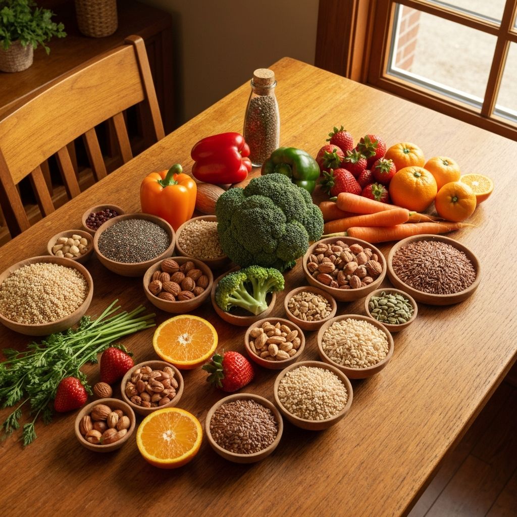 Nutritious foods arranged on table